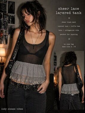 Sheer Lace Layered Tank Top - Black with Gray Ruffle Size S Indy Sleeze